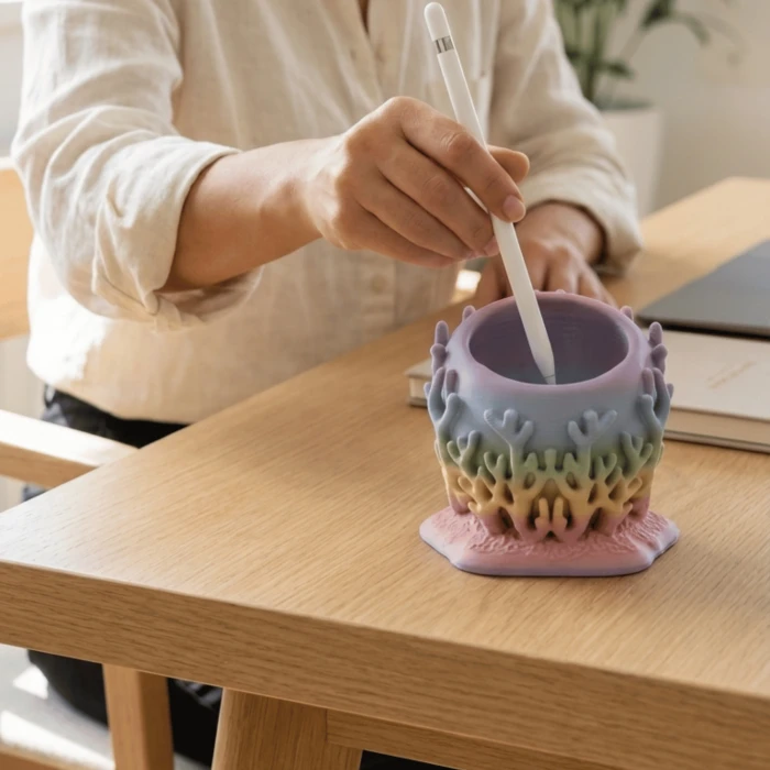 Pastel Gökkuşağı Renkli Mercan Tasarımlı Masaüstü Kalemlik ve Organizer