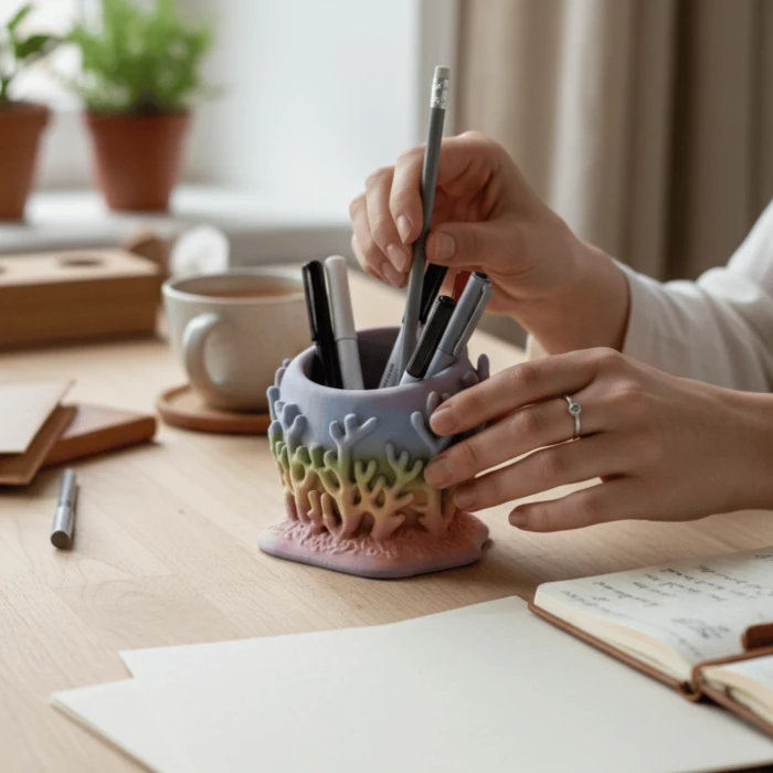 Pastel Gökkuşağı Renkli Mercan Tasarımlı Masaüstü Kalemlik ve Organizer