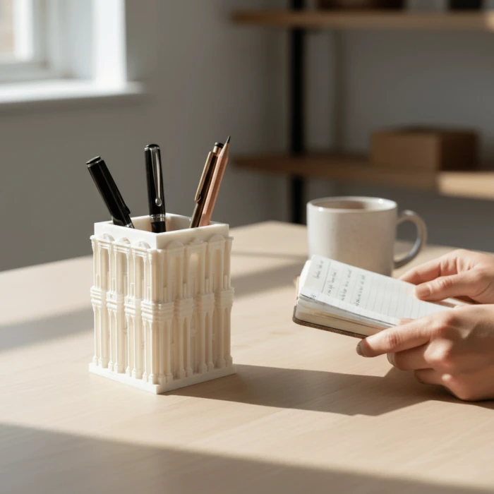 Antik Mimari Efes Tasarımlı Dekoratif Masaüstü Kalemlik - Beyaz