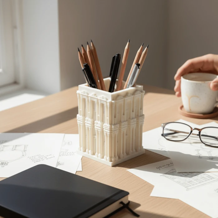 Antik Mimari Efes Tasarımlı Dekoratif Masaüstü Kalemlik - Beyaz