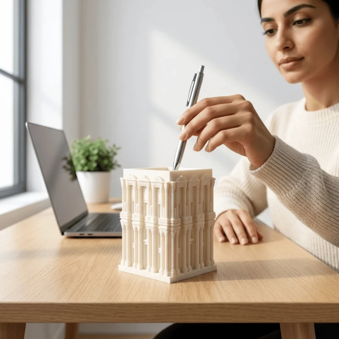 Antik Mimari Efes Tasarımlı Dekoratif Masaüstü Kalemlik - Beyaz