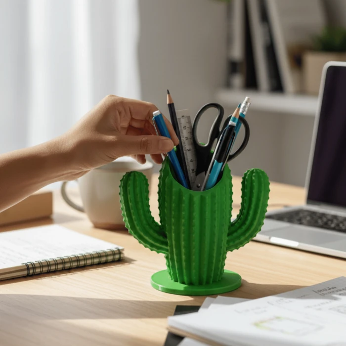 Dekoratif Yeşil Kaktüs Tasarımlı Masaüstü Kalemlik ve Düzenleyici