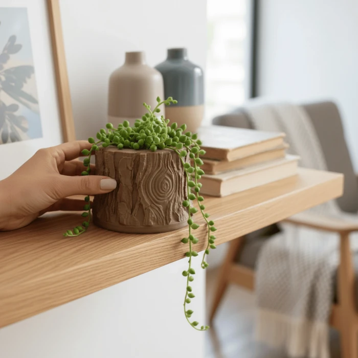 3D Baskı Ahşap Dokulu Kütük Saksı ve Kalemlik - Özel Hediye Kutulu