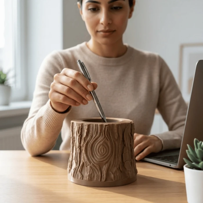 3D Baskı Ahşap Dokulu Kütük Saksı ve Kalemlik - Özel Hediye Kutulu