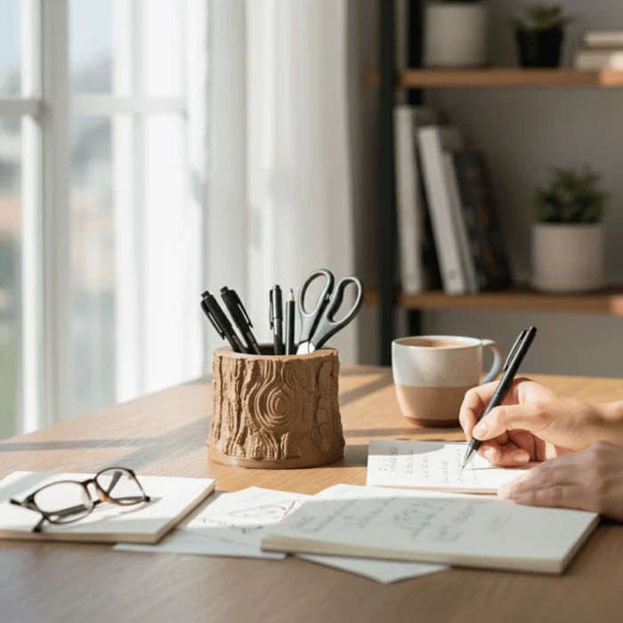 3D Baskı Ahşap Dokulu Kütük Saksı ve Kalemlik - Özel Hediye Kutulu