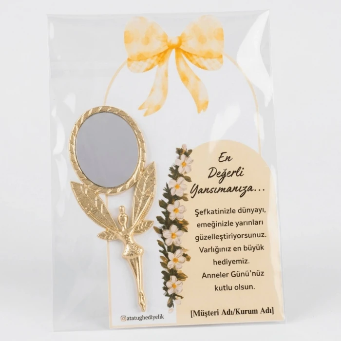 3lü Paket: Kurumsal ve Okullara Özel Tasarım Kartlı Gold Metal Melek Ayna