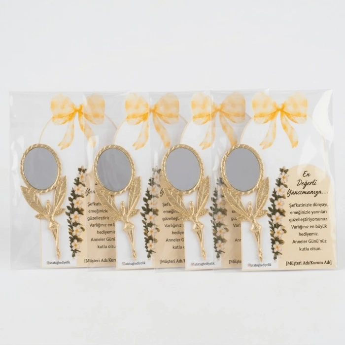 3lü Paket: Kurumsal ve Okullara Özel Tasarım Kartlı Gold Metal Melek Ayna
