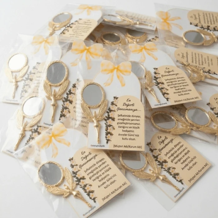 3lü Paket: Kurumsal ve Okullara Özel Tasarım Kartlı Gold Metal Melek Ayna