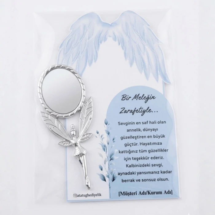 3lü Paket: Kurumsal ve Okullara Özel Tasarım Kartlı Gümüş Metal Melek Ayna