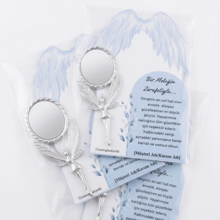 3lü Paket: Kurumsal ve Okullara Özel Tasarım Kartlı Gümüş Metal Melek Ayna