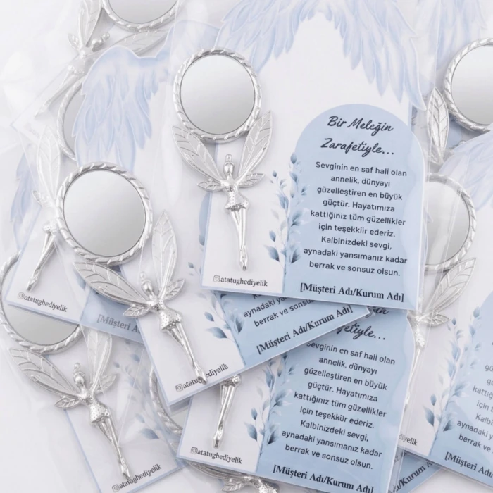 3lü Paket: Kurumsal ve Okullara Özel Tasarım Kartlı Gümüş Metal Melek Ayna