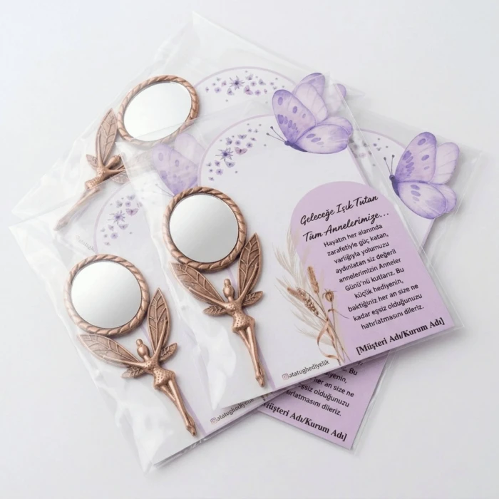 3lü Paket: Kurumsal ve Okullara Özel Tasarım Kelebekli Kartlı Bakır Metal Melek Ayna