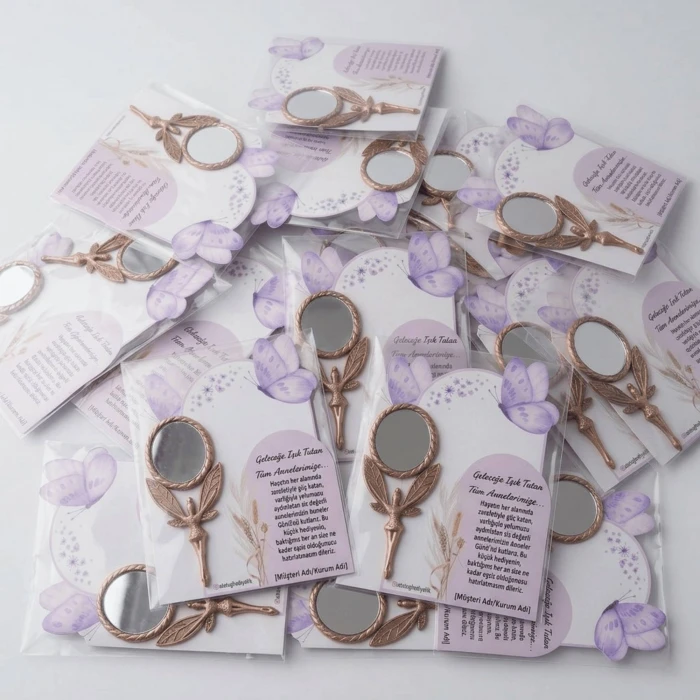 3lü Paket: Kurumsal ve Okullara Özel Tasarım Kelebekli Kartlı Bakır Metal Melek Ayna