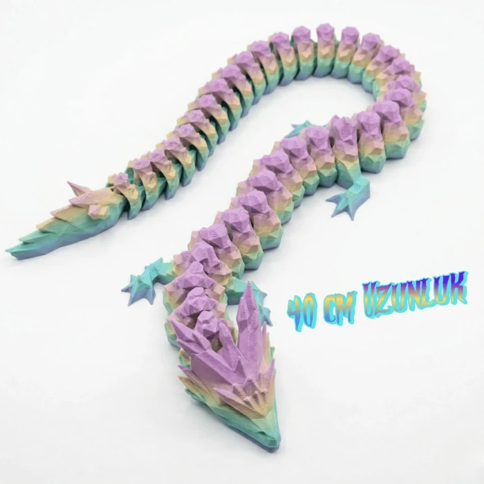 Pastel Gökkuşağı 40 cm Hareketli Eklemeli Ejderha Figürü - Özel Tasarım 3D Baskı Hediye