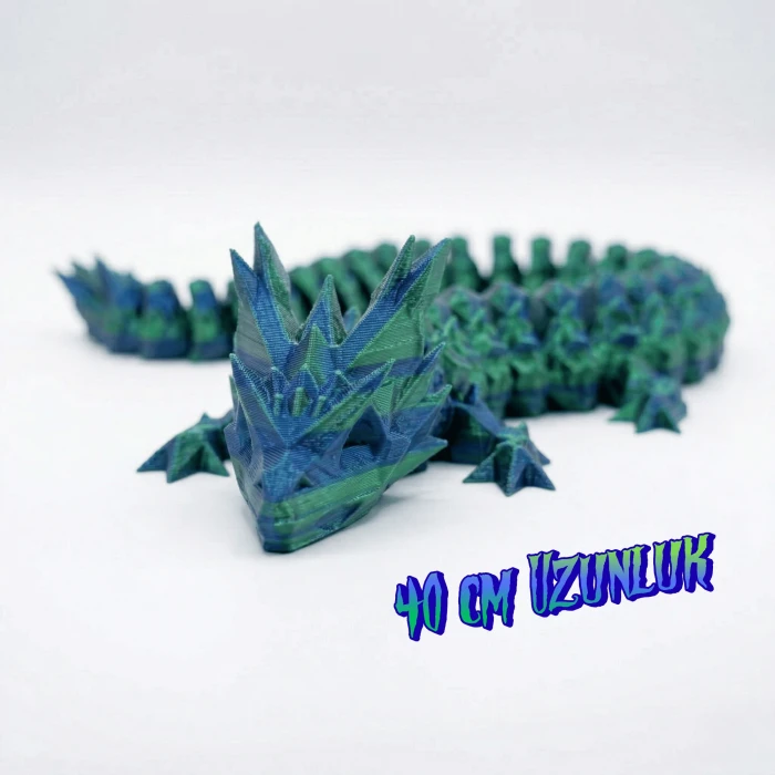 Sihirli İpeksi Mavi Yeşil 40 cm Hareketli Eklemeli Ejderha Figürü - Özel Tasarım 3D Baskı Hediye
