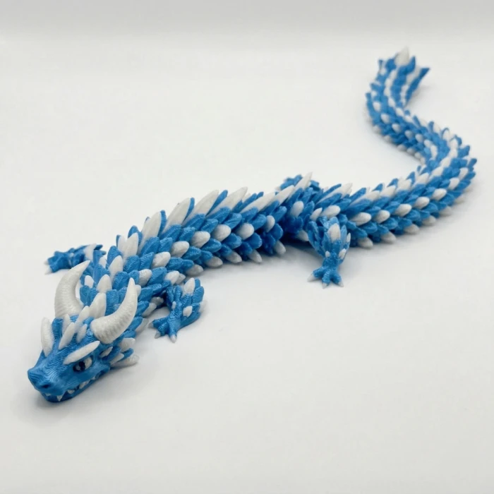 İpeksi Royal Mavi ve Beyaz 24 cm Hareketli Eklemeli Ejderha Figürü - Özel Tasarım 3D Baskı Hediye