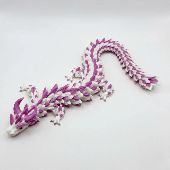 İpeksi Pembe ve Beyaz 24 cm Hareketli Eklemeli Ejderha Figürü - Özel Tasarım 3D Baskı Hediye