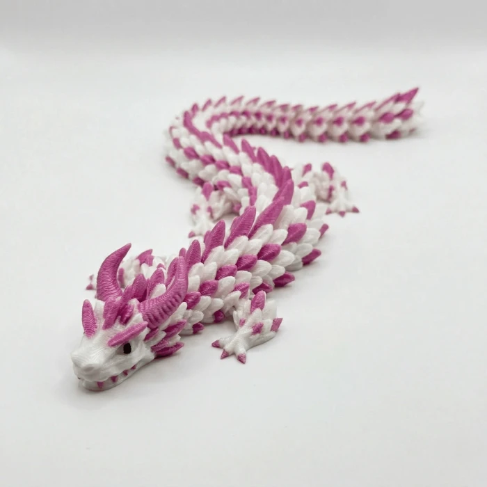 İpeksi Pembe ve Beyaz 24 cm Hareketli Eklemeli Ejderha Figürü - Özel Tasarım 3D Baskı Hediye