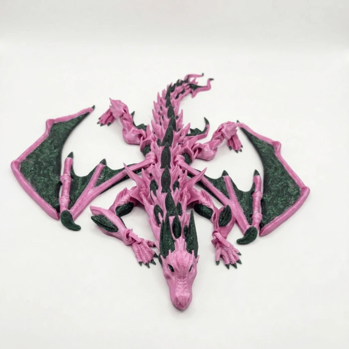 Atatug Dev Boy İpeksi Fuşya ve Simli Yeşil Kanatlı Ejderha Figürü - 23x23 cm 3D Baskı Hediye