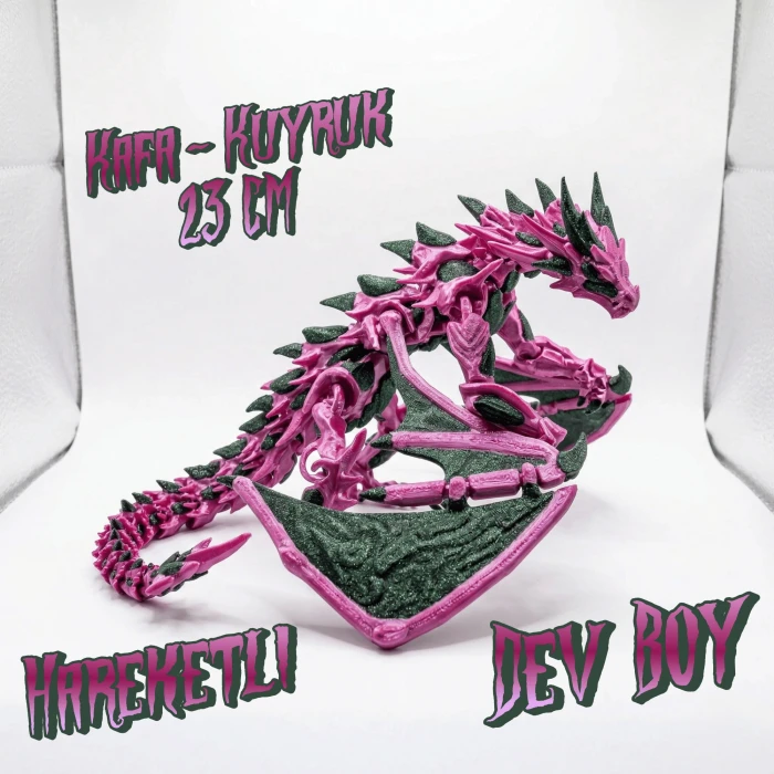 Atatug Dev Boy İpeksi Fuşya ve Simli Yeşil Kanatlı Ejderha Figürü - 23x23 cm 3D Baskı Hediye