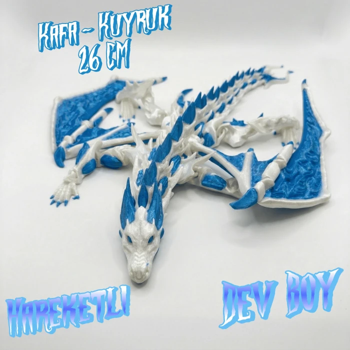Atatug Dev Boy İpeksi Royal Mavi ve Beyaz Kanatlı Ejderha Figürü - 23x23 cm 3D Baskı Hediye