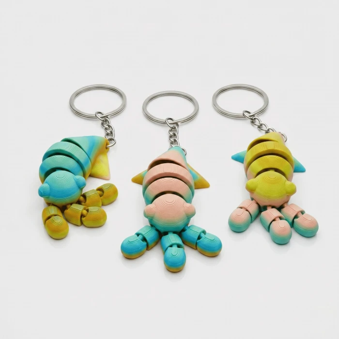 Gökkuşağı Eklemli Kalamar-Balık Fidget Anahtarlık - 3D Baskı Oynar Gövdeli Stres Oyuncağı