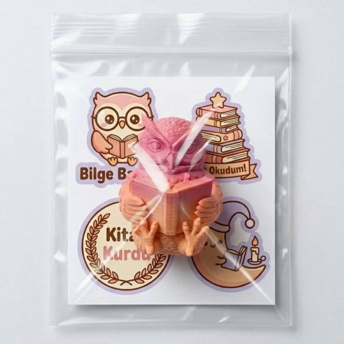 Ürün Başlığı Bilge Baykuş Kitap Okuyan 3D Figür ve Sticker Seti – Öğrenci Ödül Hediyesi | Karne ve Yıl Sonu Sınıf Hediyesi | 7cm