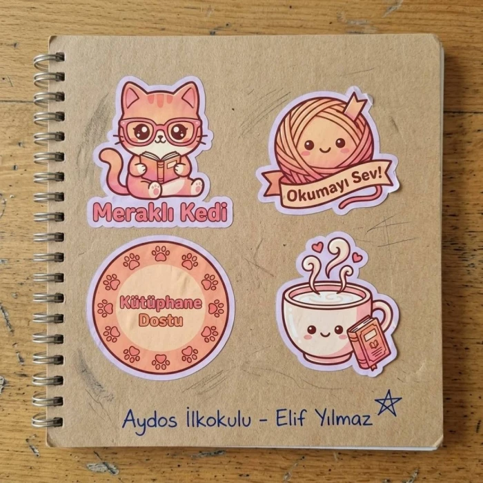 Meraklı Kedi Kitap Okuyan 3D Figür ve Sticker Seti – Öğrenci Ödül Hediyesi | Karne ve Yıl Sonu Sınıf Hediyesi | 7cm