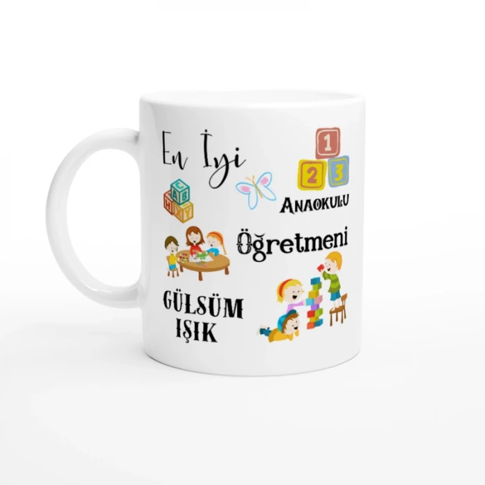 ANAOKULU ÖĞRETMENİ HEDİYESİ – KİŞİYE ÖZEL PORSELEN KUPA BARDAK, ÇİFT TARAF BASKILI, 300 ML, KUTULU