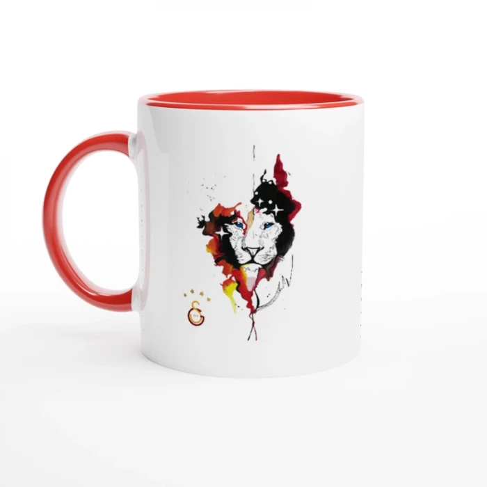 Aslan Sulu Boya Tema Kırmızı Kulplu Çift Taraf Baskılı Kupa Bardak