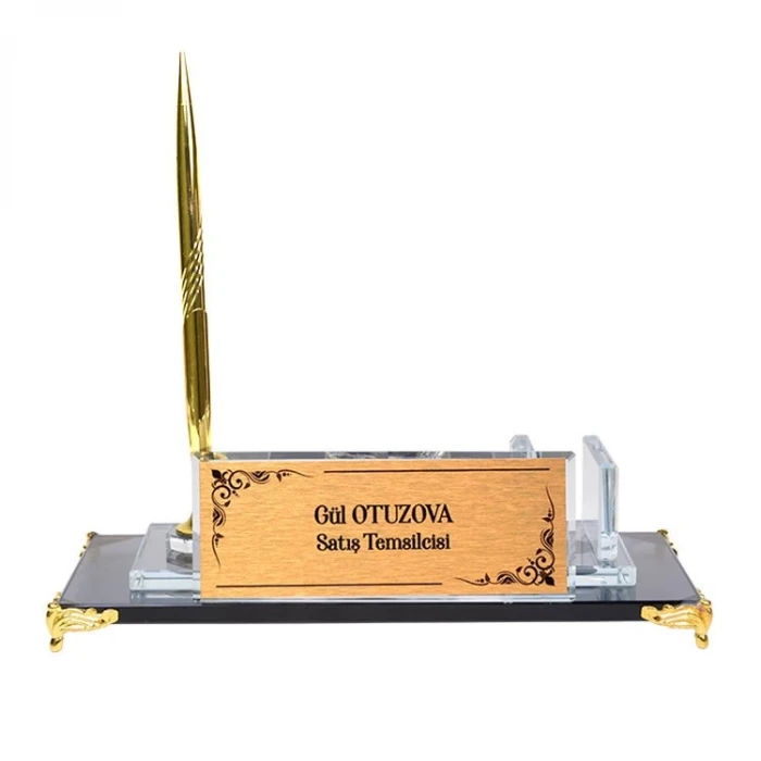 Ayaklıklı Gold Kristal Masa İsimliği Tek Kalemli