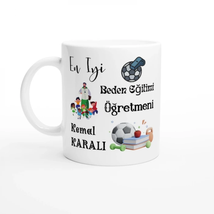 BEDEN EĞİTİMİ ÖĞRETMENİ HEDİYESİ – KİŞİYE ÖZEL PORSELEN KUPA BARDAK, ÇİFT TARAF BASKILI, 300 ML, KUTULU