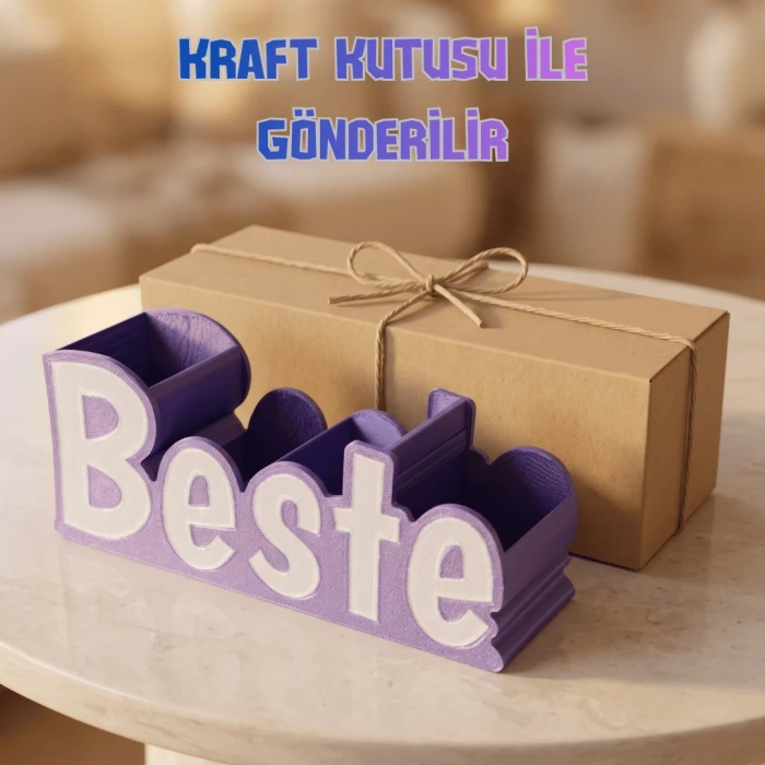 Silk Mor & Beyaz Kişiye Özel İsimli Kalemlik – 3D Baskı