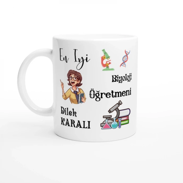 BİYOLOJİ ÖĞRETMENİ HEDİYESİ – KİŞİYE ÖZEL PORSELEN KUPA BARDAK, ÇİFT TARAF BASKILI, 300 ML, KUTULU