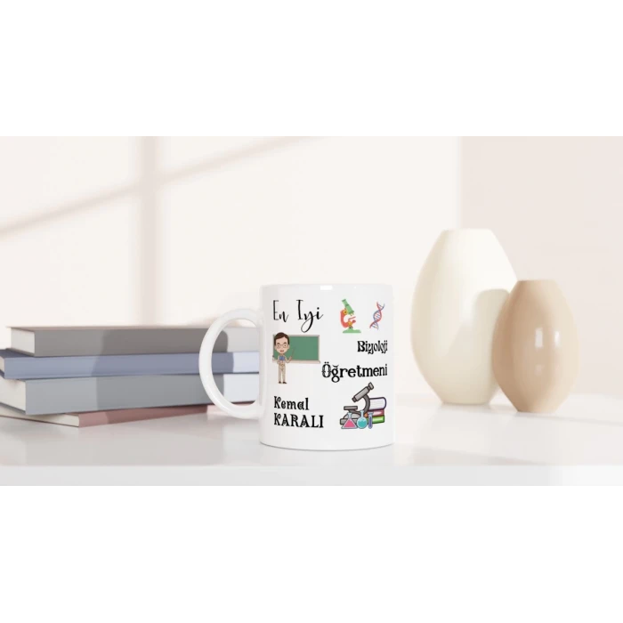 BİYOLOJİ ÖĞRETMENİ HEDİYESİ – KİŞİYE ÖZEL PORSELEN KUPA BARDAK, ÇİFT TARAF BASKILI, 300 ML, KUTULU