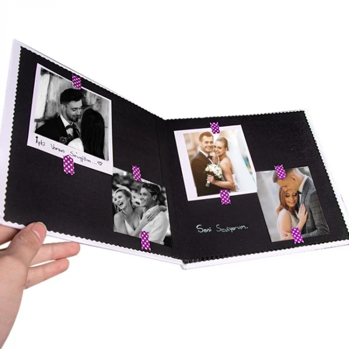 Bizim Hikayemiz Hazır Anı Defteri – 40 Fotoğraf Baskılı, Stickerlı ve Beyaz Kalemli Romantik Hatıra Albümü (20x20 cm)