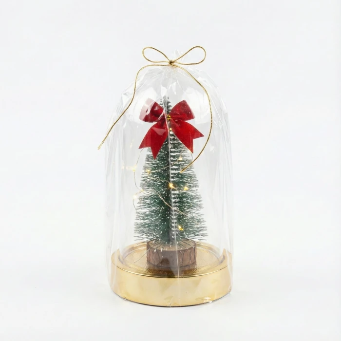 Büyülü Yılbaşı Rüyası: LED Işıklı Mika Fanus İçinde Mini Çam Ağacı Hediyelik (12x21 cm)