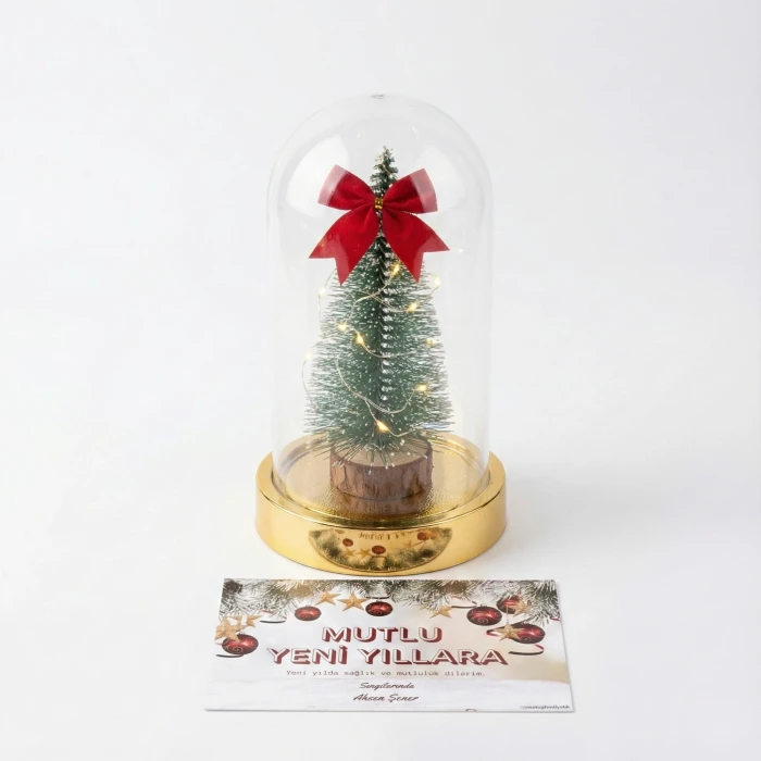 Büyülü Yılbaşı Rüyası: LED Işıklı Mika Fanus İçinde Mini Çam Ağacı Hediyelik (12x21 cm)