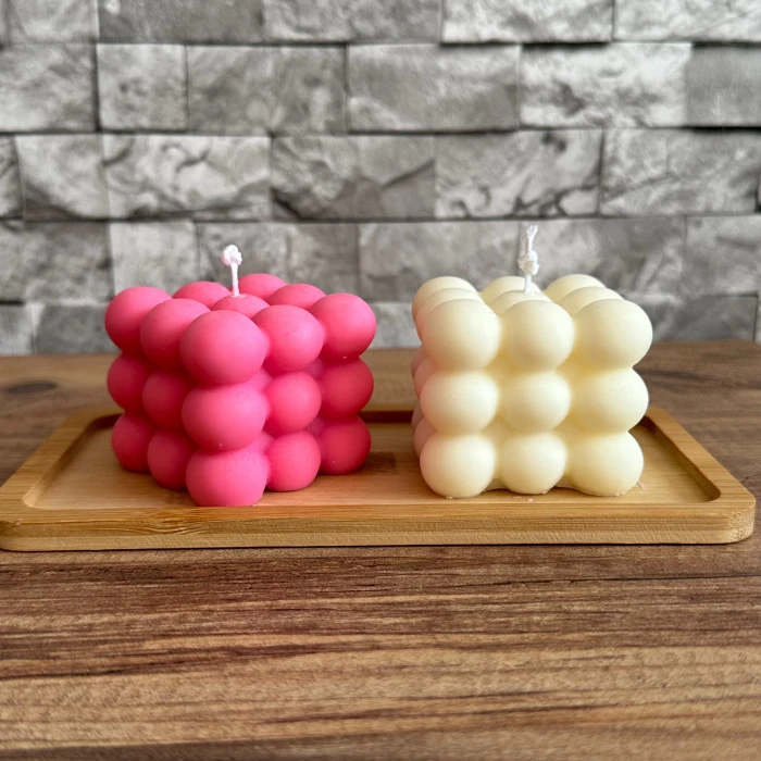 Dekoratif Bambu Tabaklı Bubble Mum Seti