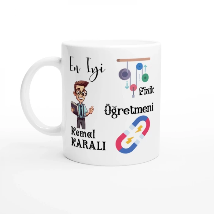 Fizik Öğretmeni Hediyesi – İsimli Porselen Kupa Bardak, Çift Taraf Baskılı, 300 ml, Kutulu Hediye