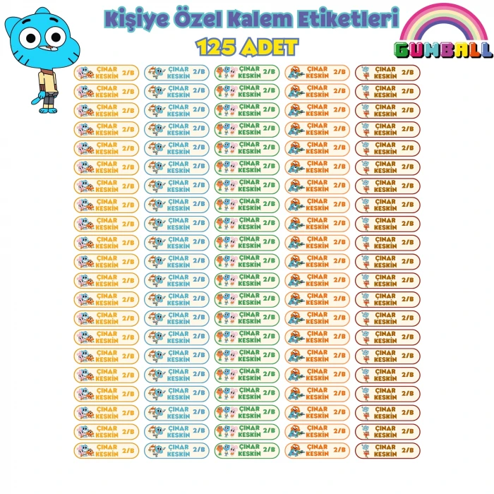 Gumball Kişiye Özel Kalem Etiketleri - 125 Adet İsimli Sticker Seti