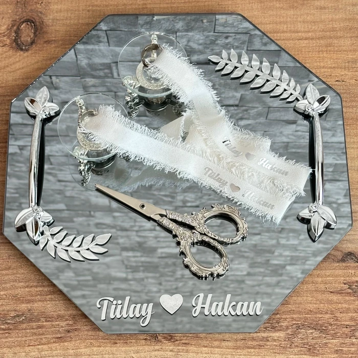 Gümüş Altıgen Yaprak Desenli Söz Nişan İsteme Tepsisi