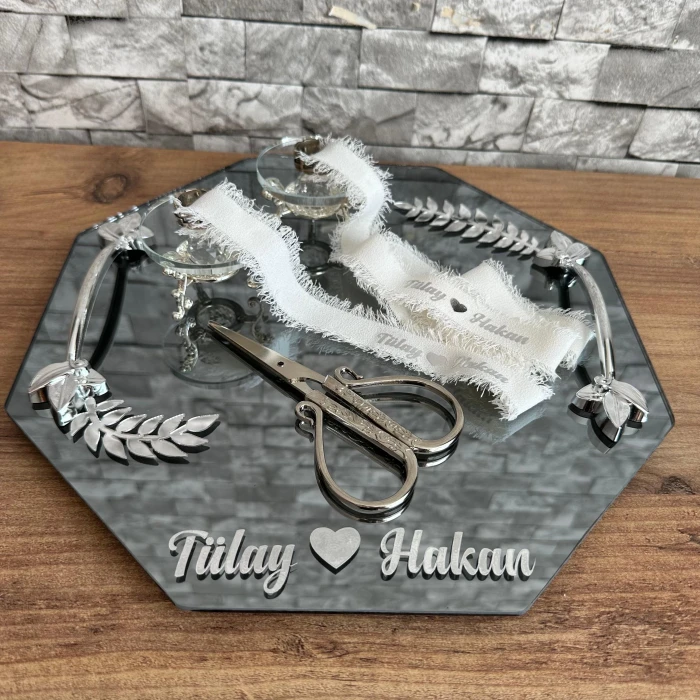 Gümüş Altıgen Yaprak Desenli Söz Nişan İsteme Tepsisi