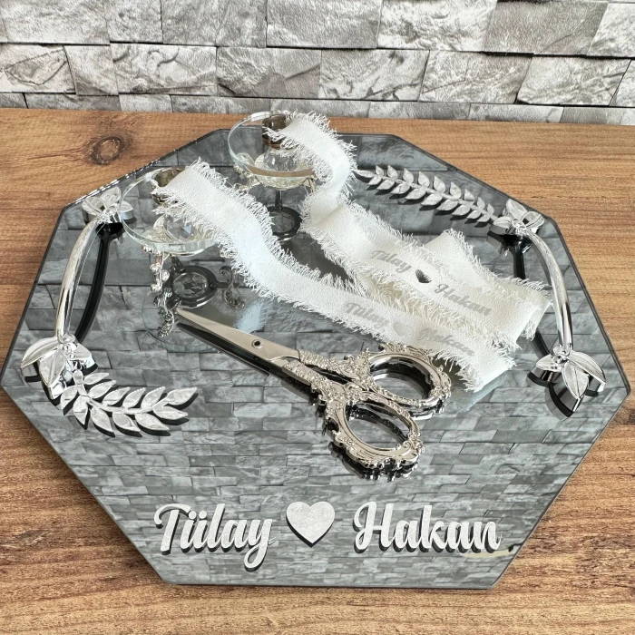 Gümüş Altıgen Yaprak Desenli Söz Nişan İsteme Tepsisi