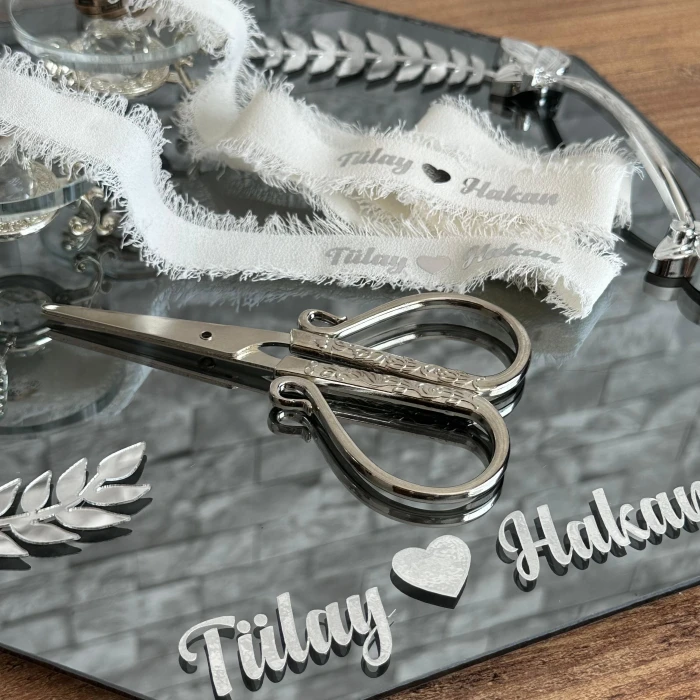 Gümüş Altıgen Yaprak Desenli Söz Nişan İsteme Tepsisi