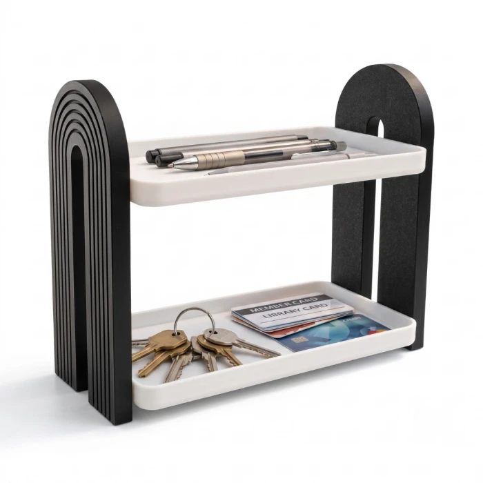 İki Katlı Masa Üstü Organizer - Art Deco Tasarım, Siyah/Beyaz