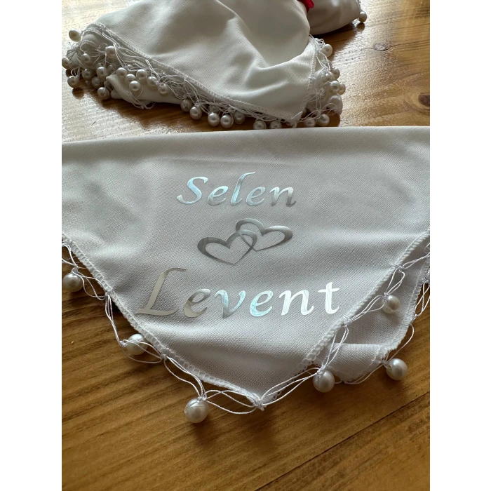 İncili Kişiye Özel İsim Baskılı Halay Mendili Beyaz Renk