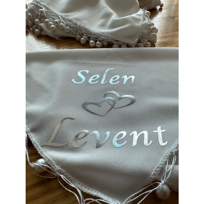 İncili Kişiye Özel İsim Baskılı Halay Mendili Beyaz Renk