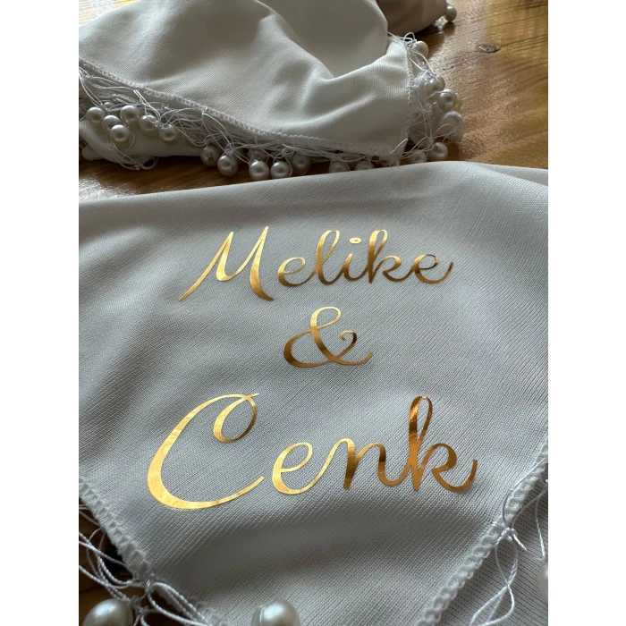 İncili Kişiye Özel İsim Baskılı Halay Mendili Beyaz Renk