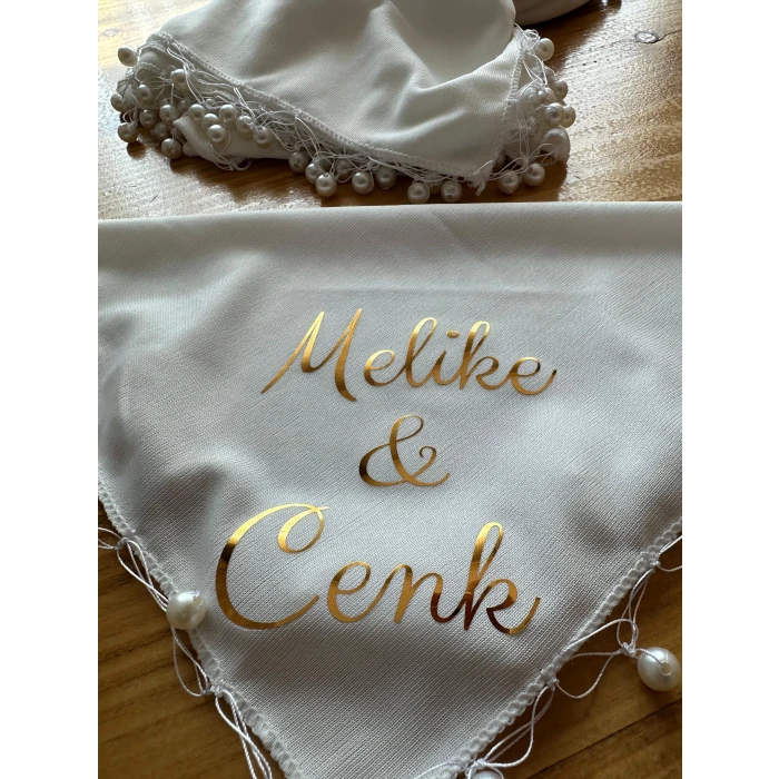İncili Kişiye Özel İsim Baskılı Halay Mendili Beyaz Renk